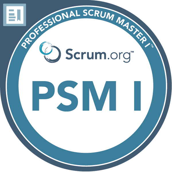 A digital badge indicating the certification of Professional Scrum Master I (PSM I) from Scrum.org.